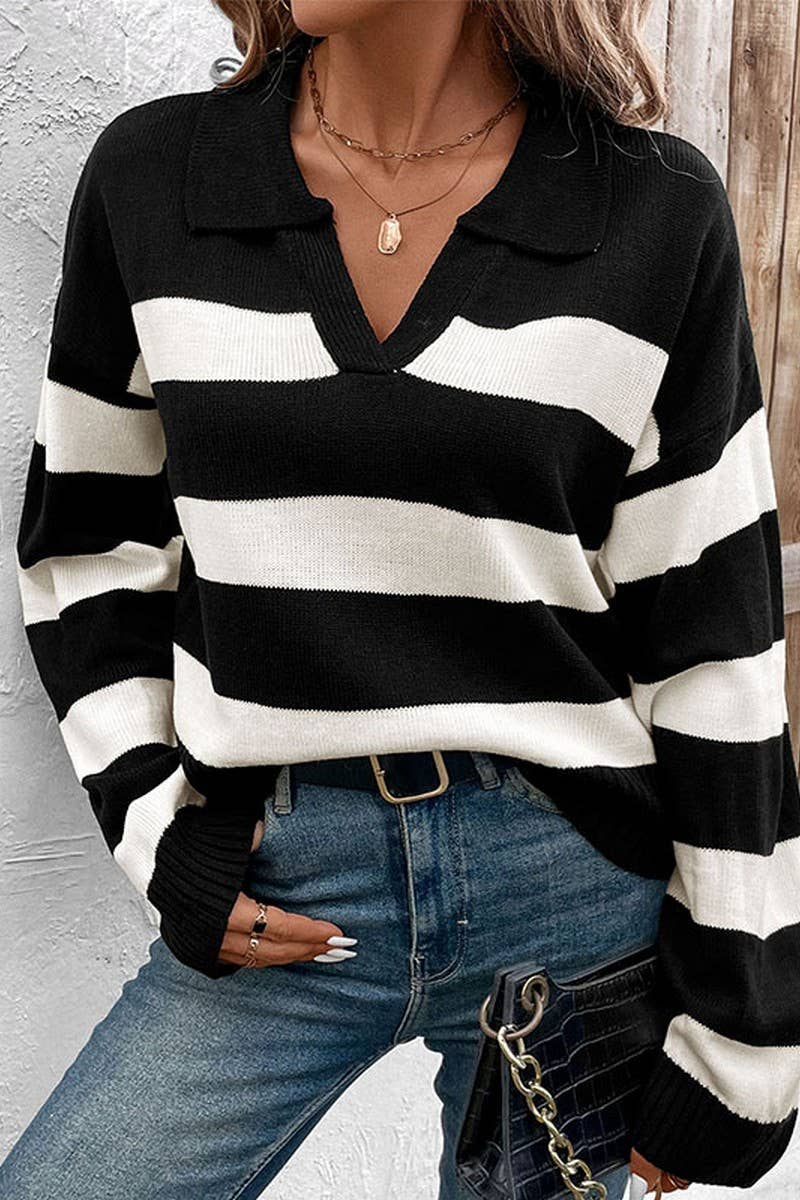 CWOSWL6822_NEW AUTUMN LONG-SLEEVED LAPEL STRIPED SWEATER