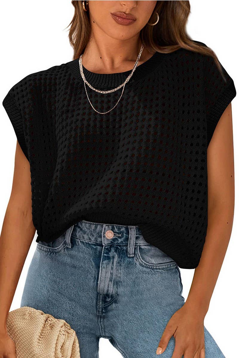 CWTTS1365_SUMMER HOLLOW SUN PROTECTION KNITTED TOP