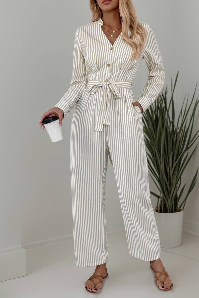 CWSBSL0134_V-NECK COMMUTER STYLE STRIPED LACE-UP JUMPSUIT