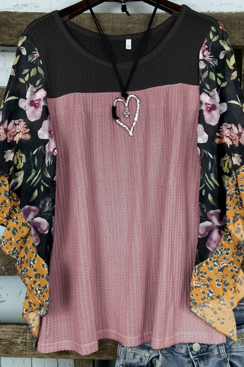 CWTBLS2231_COLORBLOCK PRINT BATWING SLEEVE WAFFLE TOP