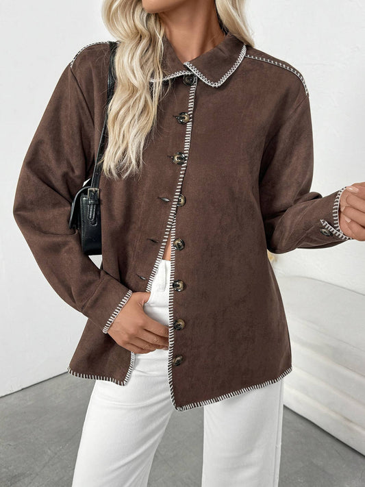 Casual fringed color-blocked lapel loose shirt