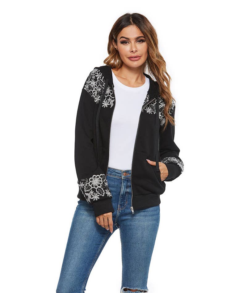 DESIGN SENSE EMBROIDERY HOODED TOP CARDIGAN COAT