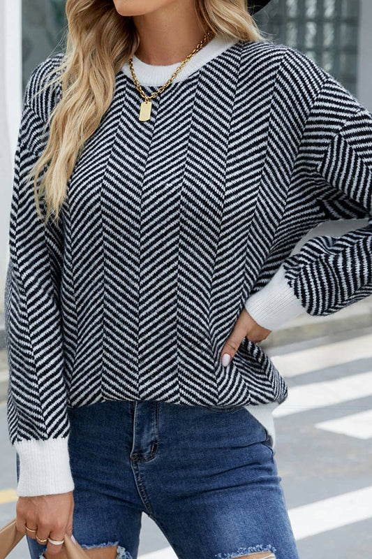 CWTTL1074 Striped Round Neck Knitted Panel Pullover Sweater