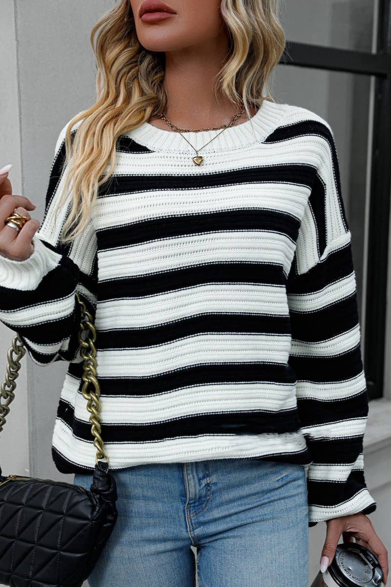 CWOSWL6517_KNITTED CREW-NECK STRIPED LONG-SLEEVED SWEATER
