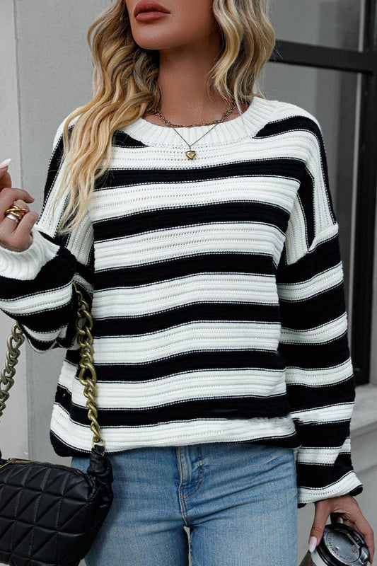 CWOSWL6517_KNITTED CREW-NECK STRIPED LONG-SLEEVED SWEATER