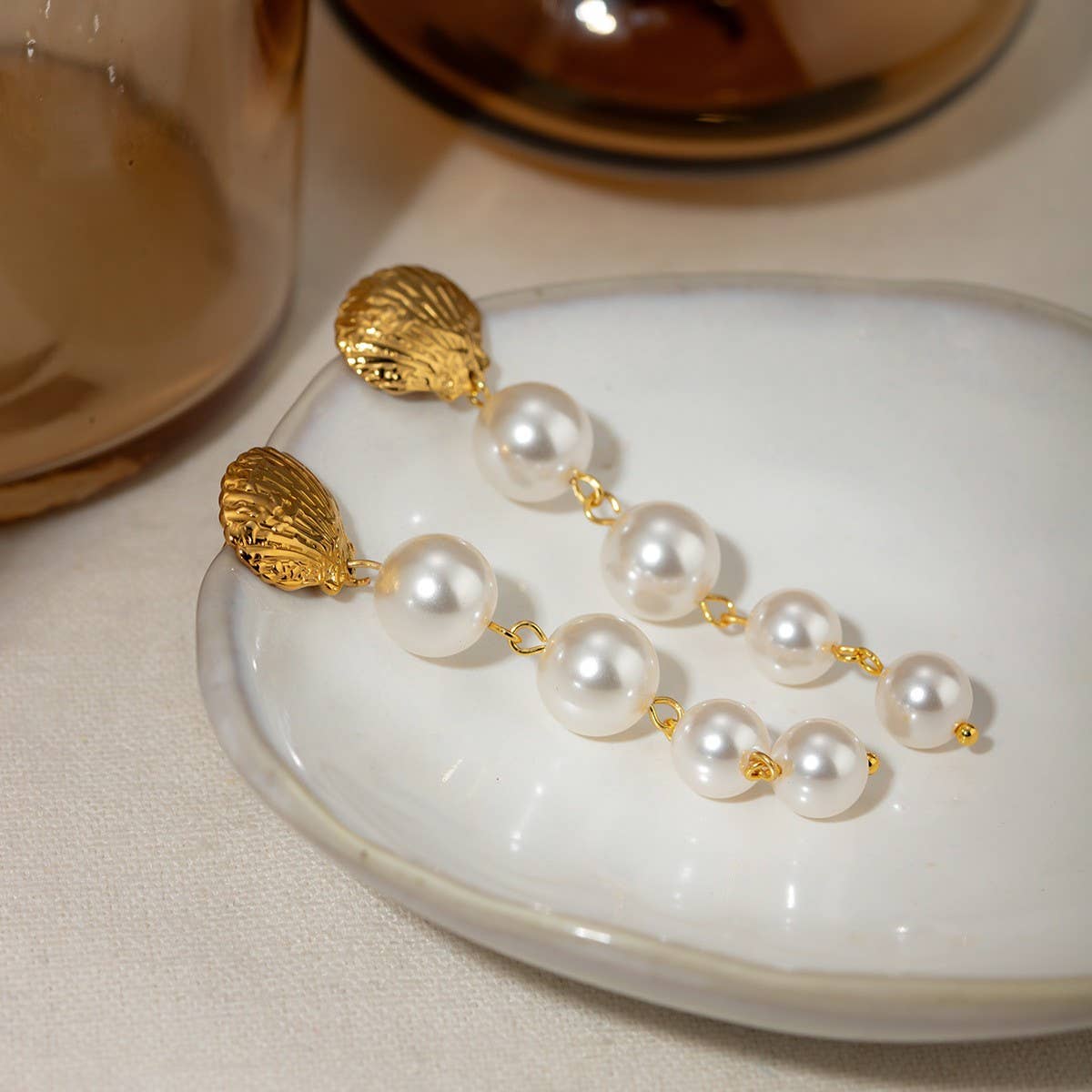 PERSONALIZED 18K GOLD SHELL PEARL TASSEL EARRINGS_CWASC1667