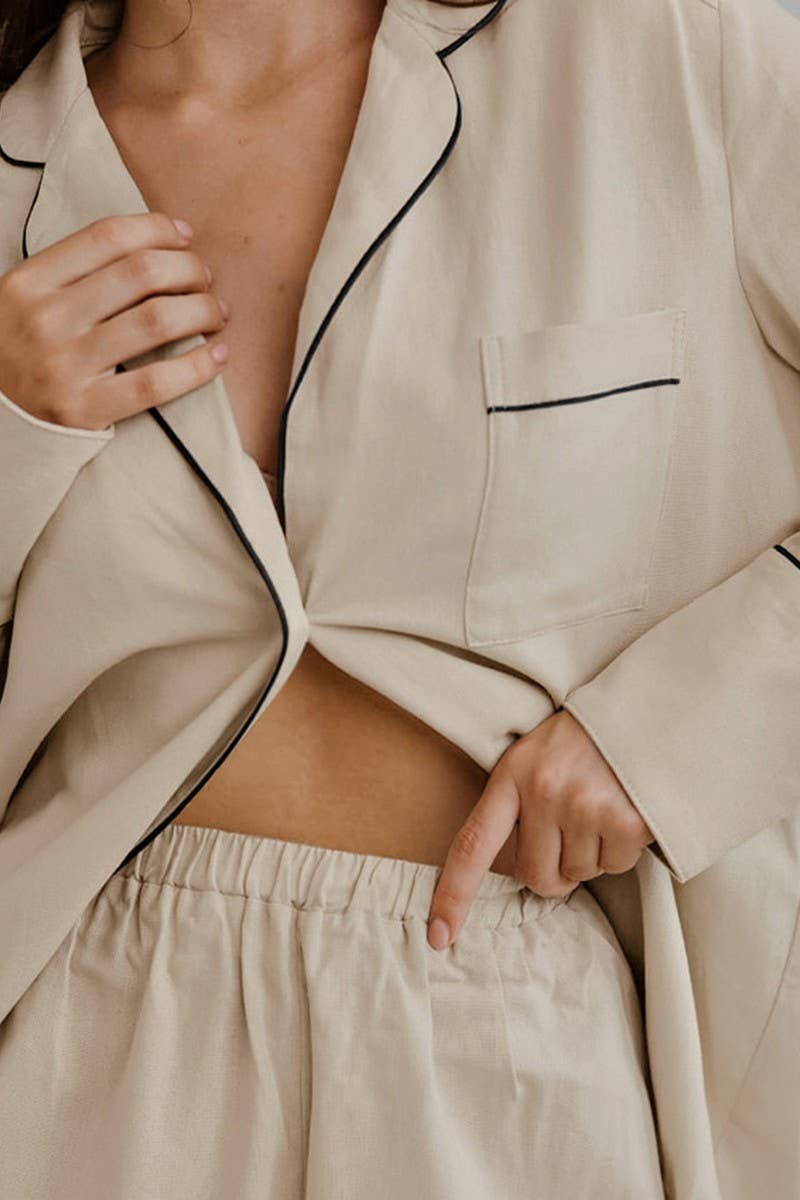 CWSPJ0196_LAPEL LONG-SLEEVED SHORTS PAJAMAS HOME WEAR SET