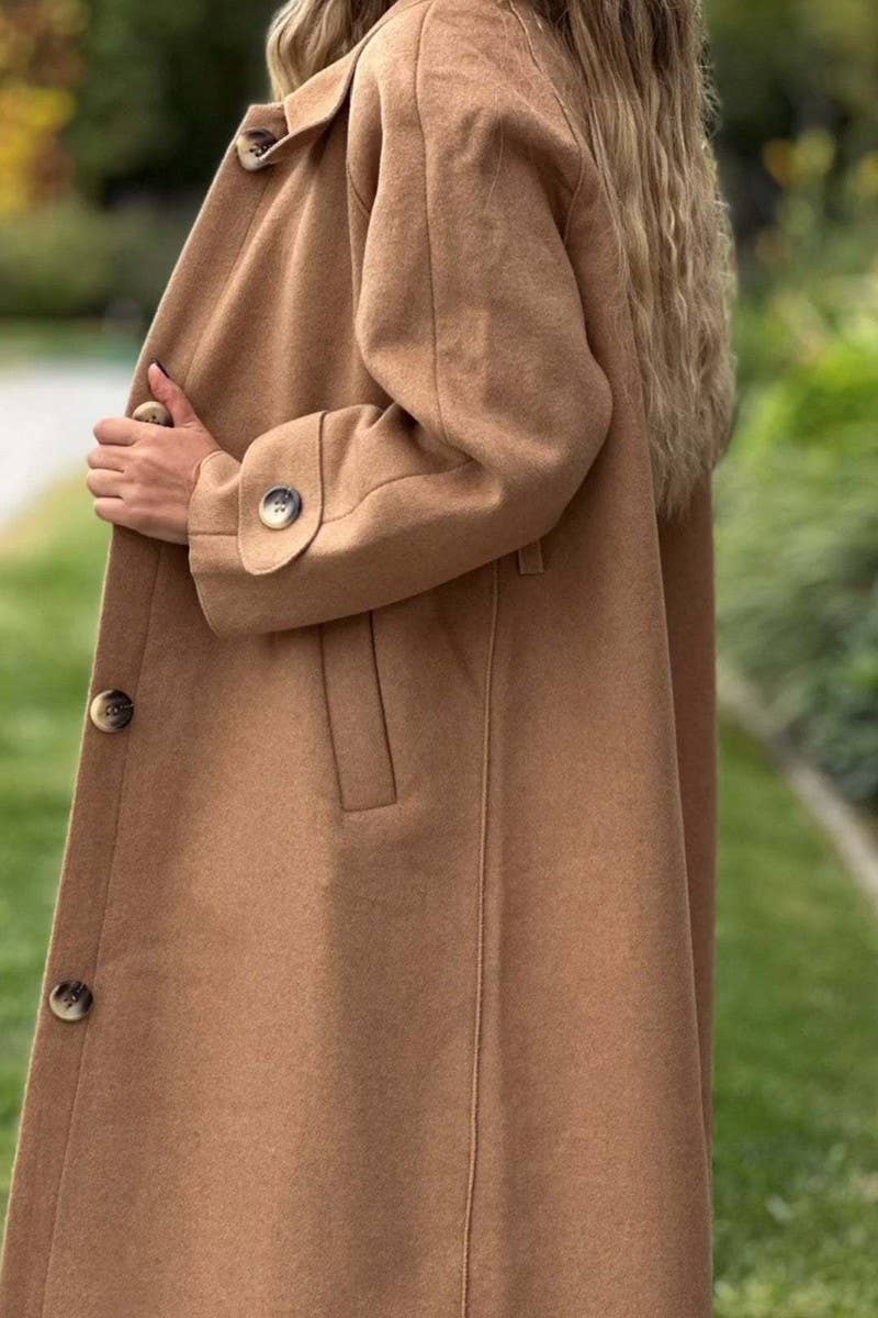 CWOCO1086_CASUAL BUTTON LONG SOLID COLOR WOOLEN COAT