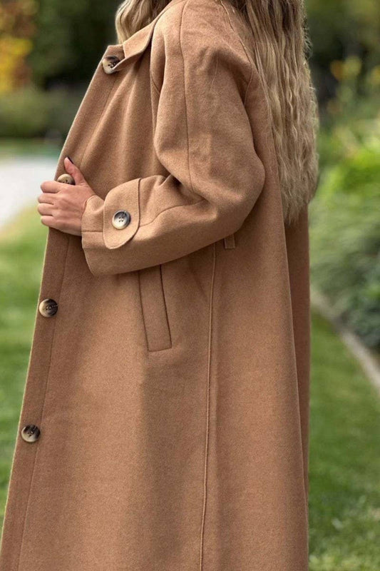 CWOCO1086_CASUAL BUTTON LONG SOLID COLOR WOOLEN COAT
