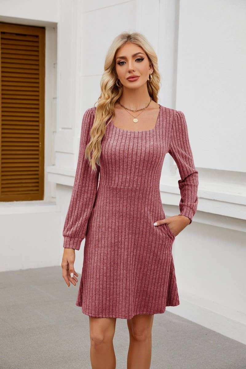 CWDSD8812_SQUARE NECK POCKET KNIT LONG SLEEVE CASUAL DRESS