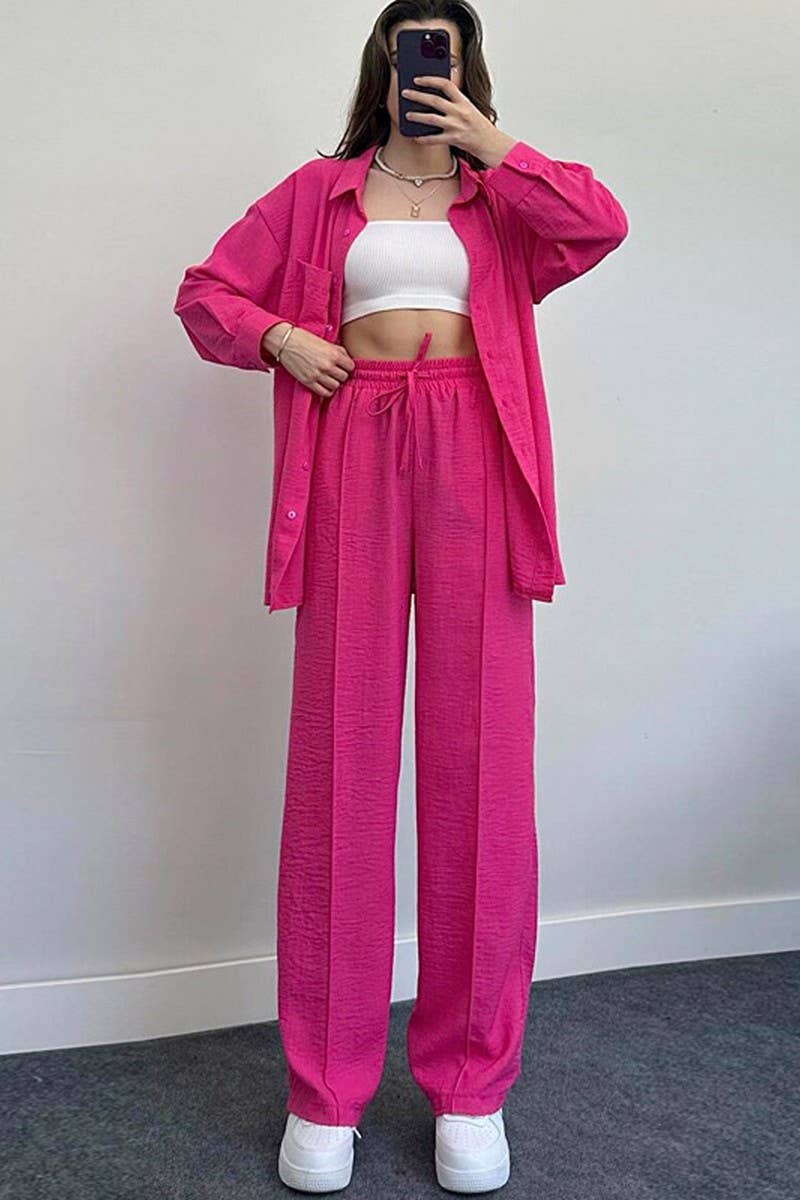 CWSS1061_WOMEN'S LOOSE LONG-SLEEVED SHIRT TWO-PIECE SUIT