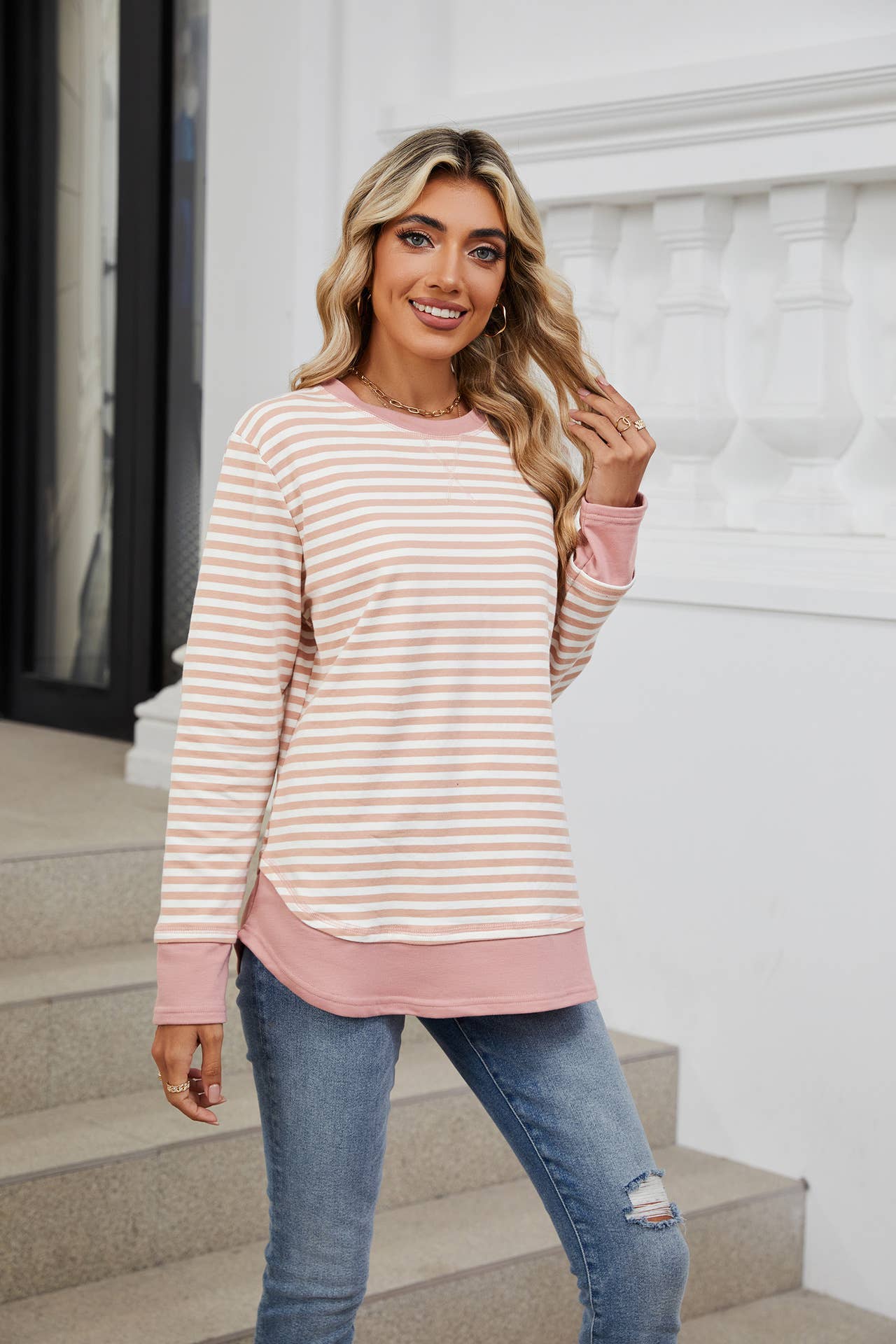 Crew-neck striped long-sleeved hoodie