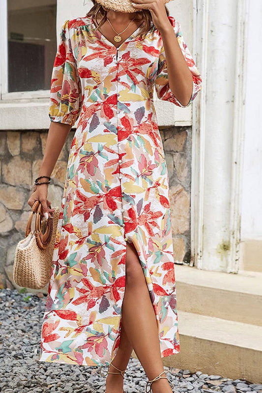 CWDMD2364_V-NECK FLORAL PRINT DRESS