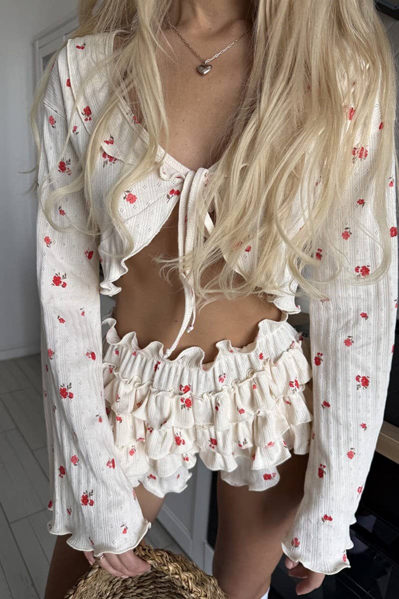 CWSPJ459_KNITTED PRINTED RUFFLED BREATHABLE PAJAMA SET