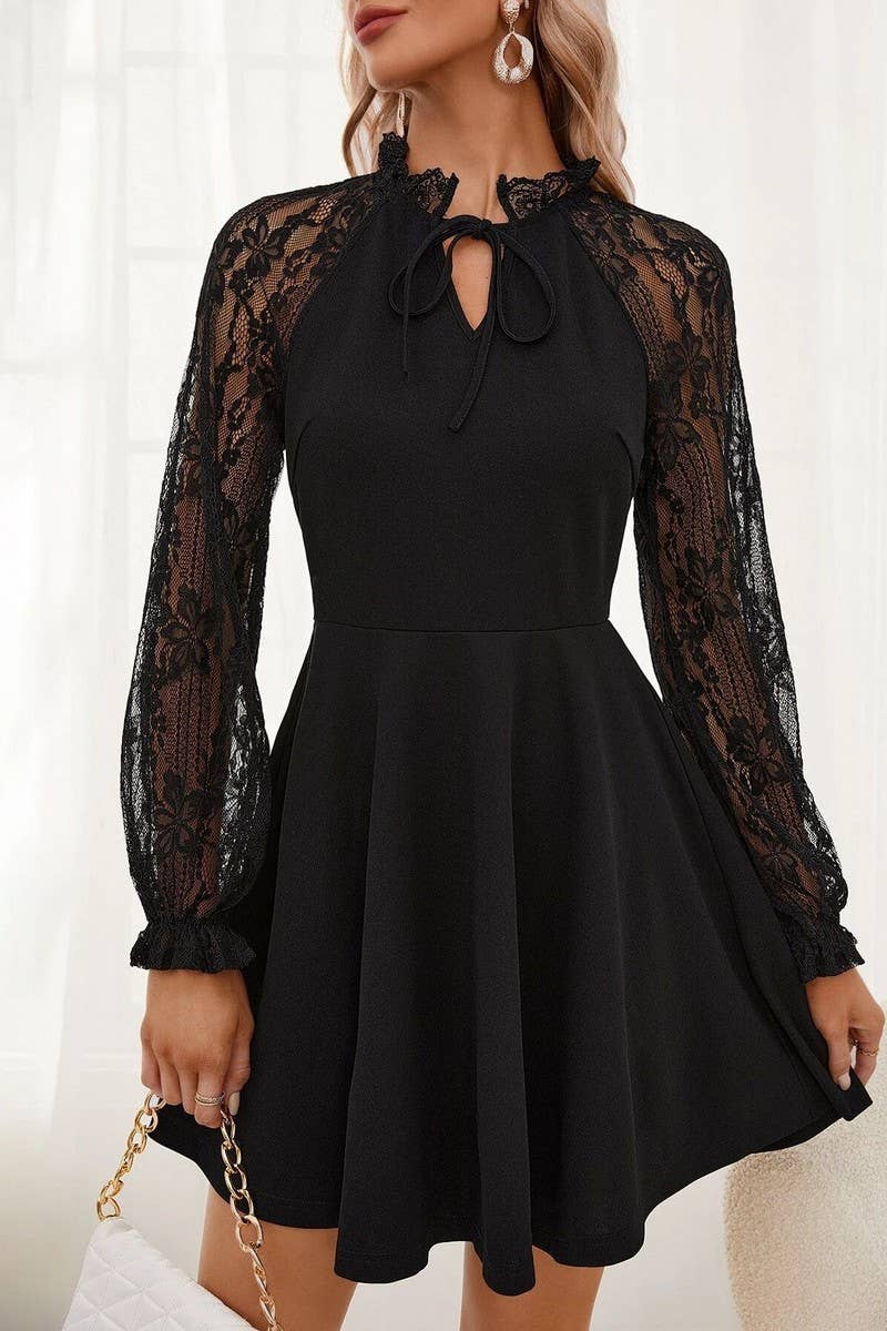 CWTBLS1526_BLACK LACE PATCHWORK LONG SLEEVE DRESS