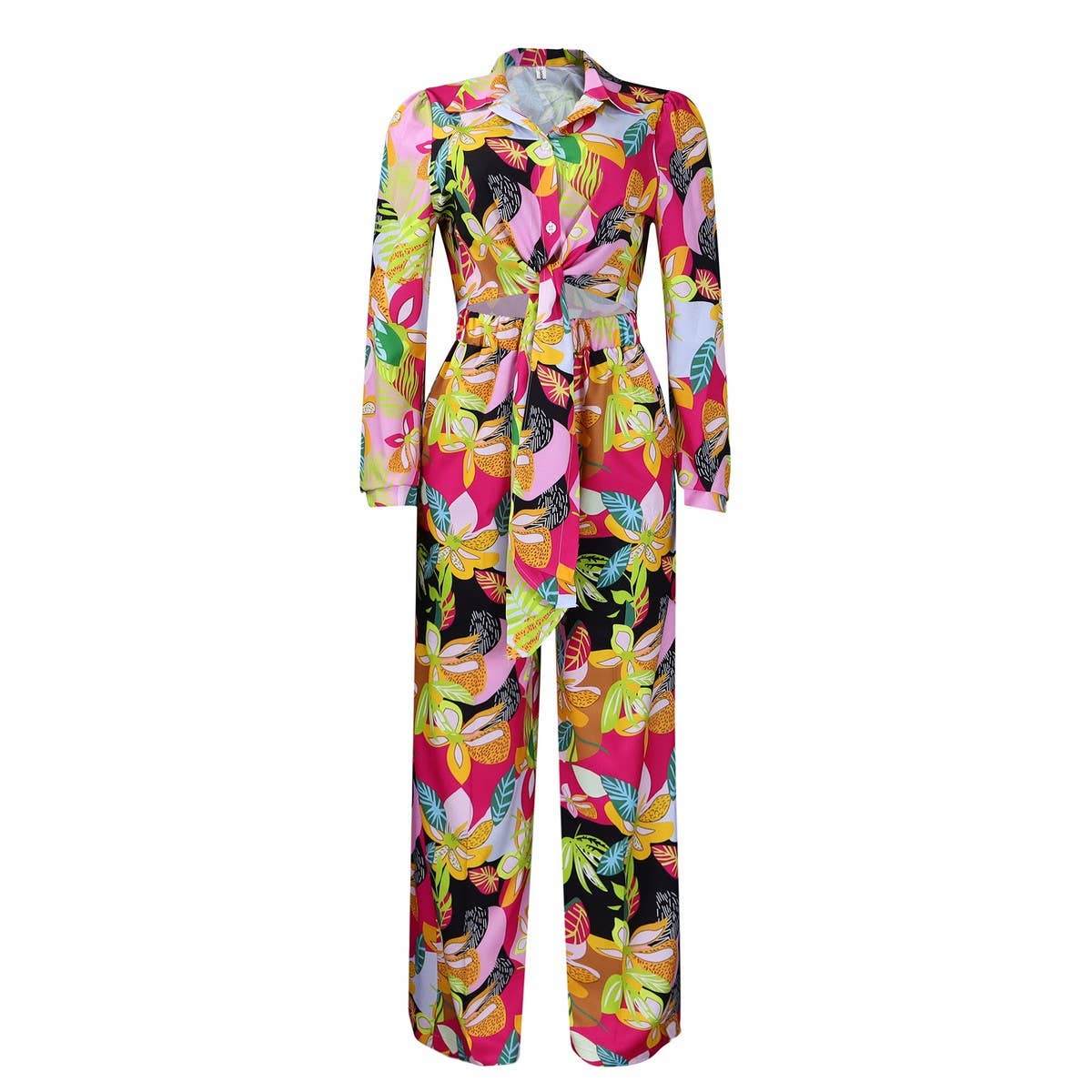 PRINTED TIE SHIRT WIDE-LEG PANTS TWO-PIECE SET_CWSTB1139
