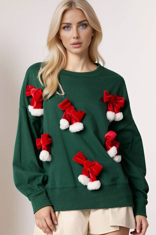 CWTBLL01275_CHRISTMAS BOW DECOR PULLOVER SWEATSHIRT