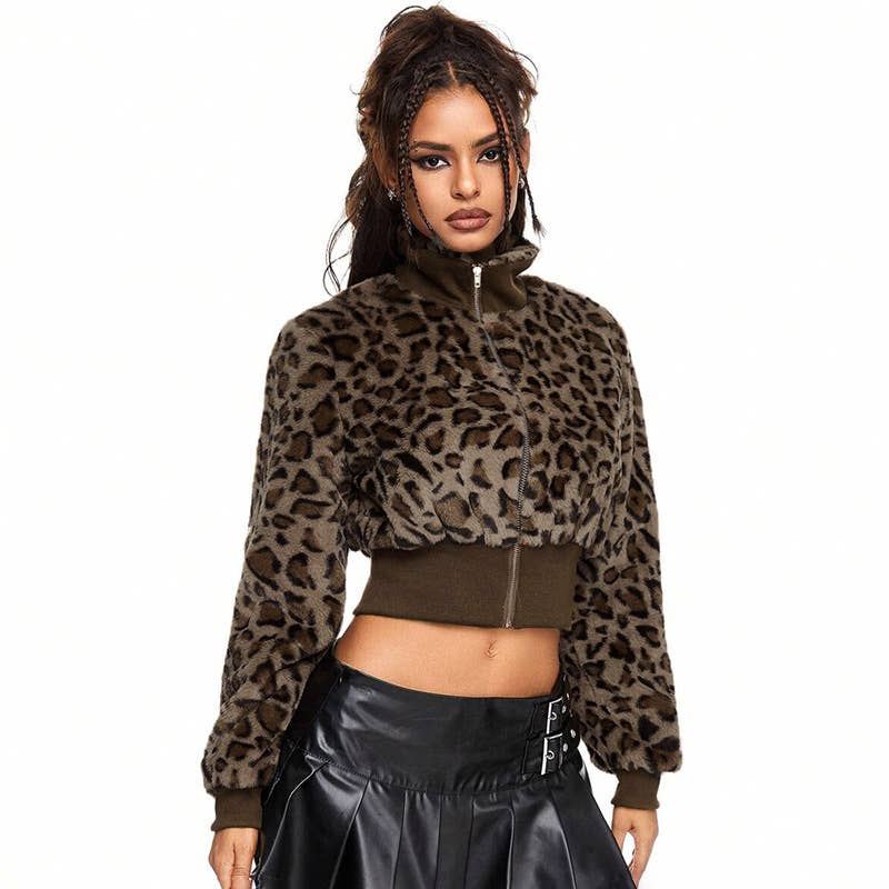 CROPPED WAIST FUR PATCHWORK LEOPARD PRINT JACKET
