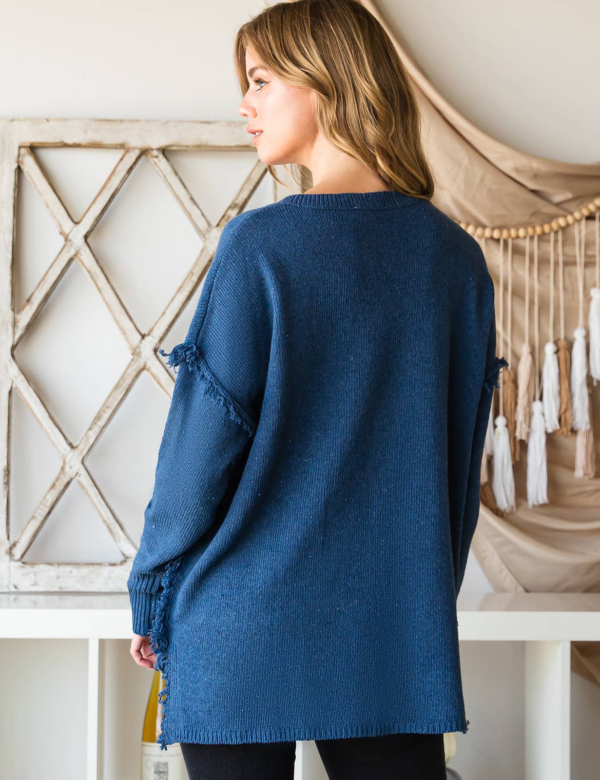 CWOSWL1832_BUTTON DOWN FRINGE SHOULDER SWEATER KNIT TOP