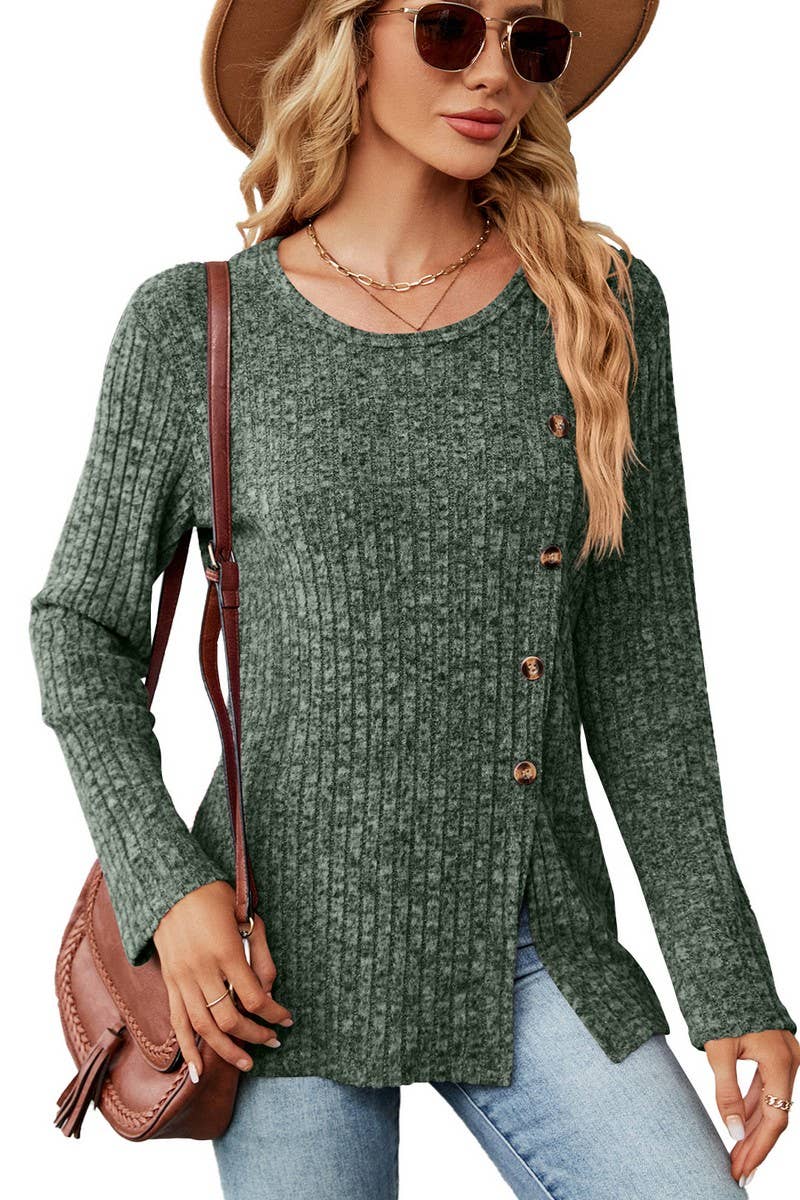 CWTBLL2408_ROUND NECK BUTTON SLIT LOOSE LONG SLEEVE TOP