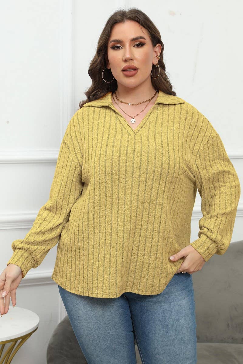 CWTTL1312_PLUS Size Casual Foldover Collar Knit Pullover Top