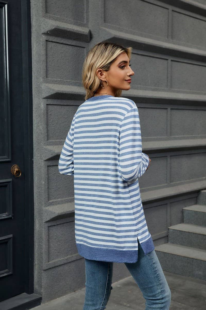 CWTBLL2354_ROUND NECK STRIPED COLORBLOCK LOOSE T-SHIRT TOP