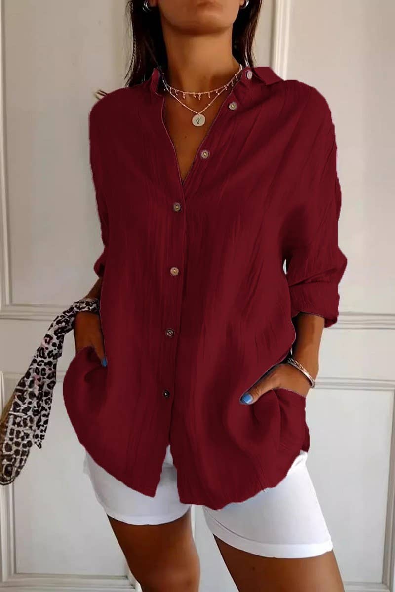 CWTSTL2281_SOLID COLOR SINGLE BREASTED PLEATED LAPEL SHIRT