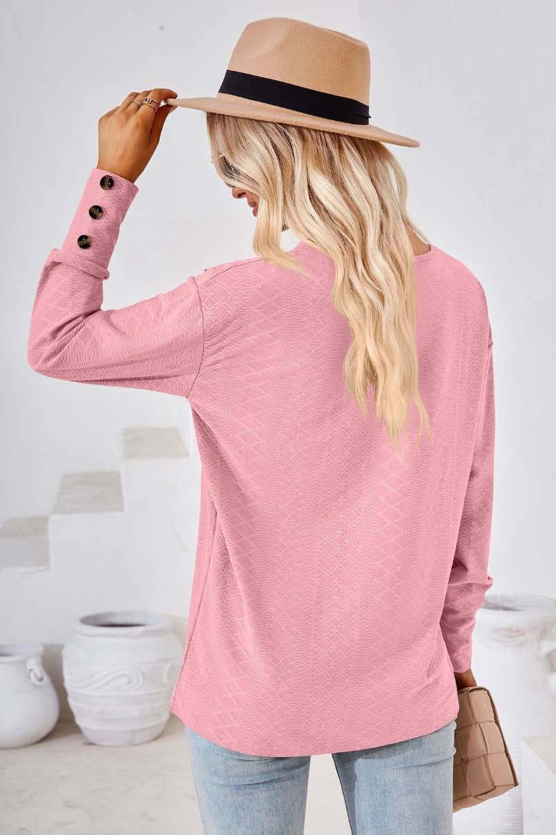 CWTBLL2806_SOLID COLOR V-NECK LONG SLEEVE BUTTON-UP TOP