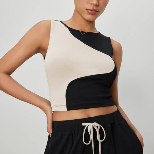 COLOR CONTRAST PATCHWORK PIT STRIP SLIM TOP