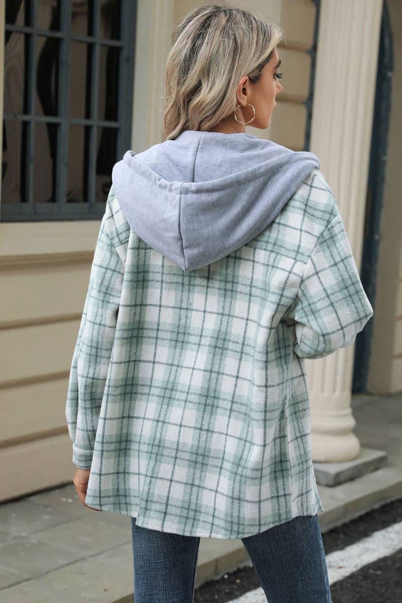 CWTSTL1709_PLAID COLOR MATCHING HOODED LONG-SLEEVED SHIRT