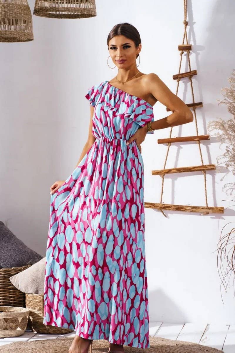 CWDMD4117_OFF-SHOULDER WAIST PRINTED LONG DRESS