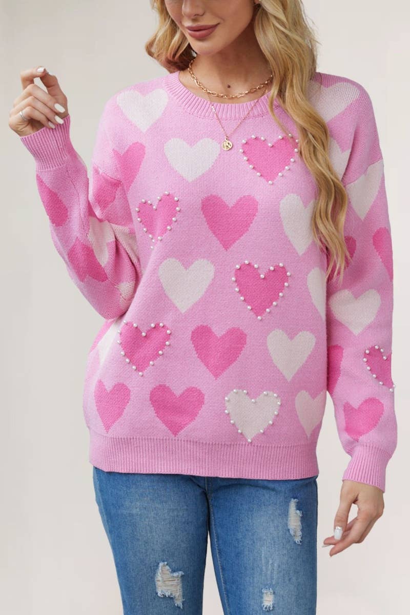 CWOSWL5885_LOVE BEADED CREW-NECK LONG-SLEEVED SWEATER