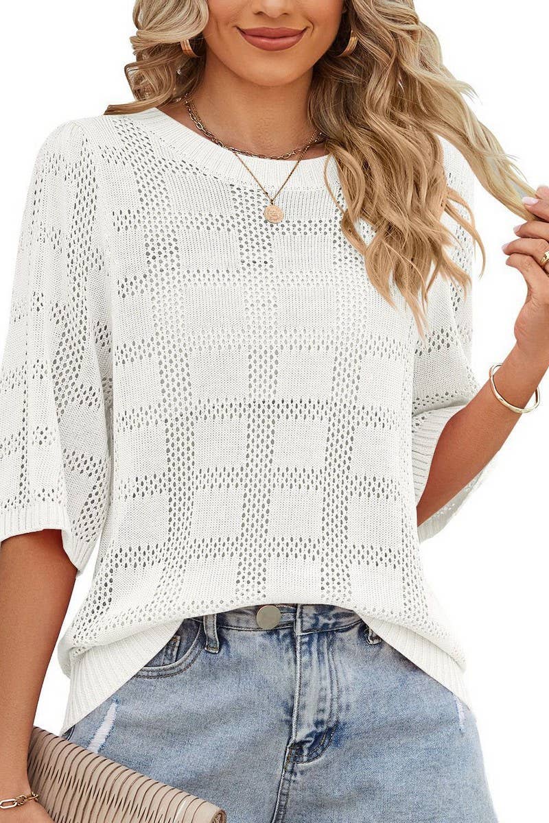 CWTTS1316_WOMEN'S ROUND NECK HOLLOW SUN PROTECTION BLOUSE