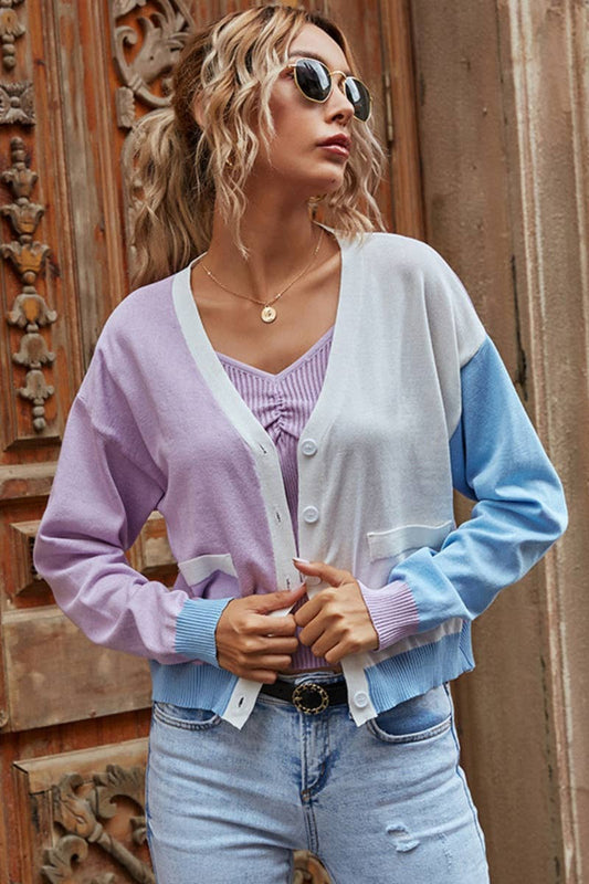 CWOCAL1972_V-NECK COLOR CONTRAST LONG SLEEVE KNIT CARDIGAN