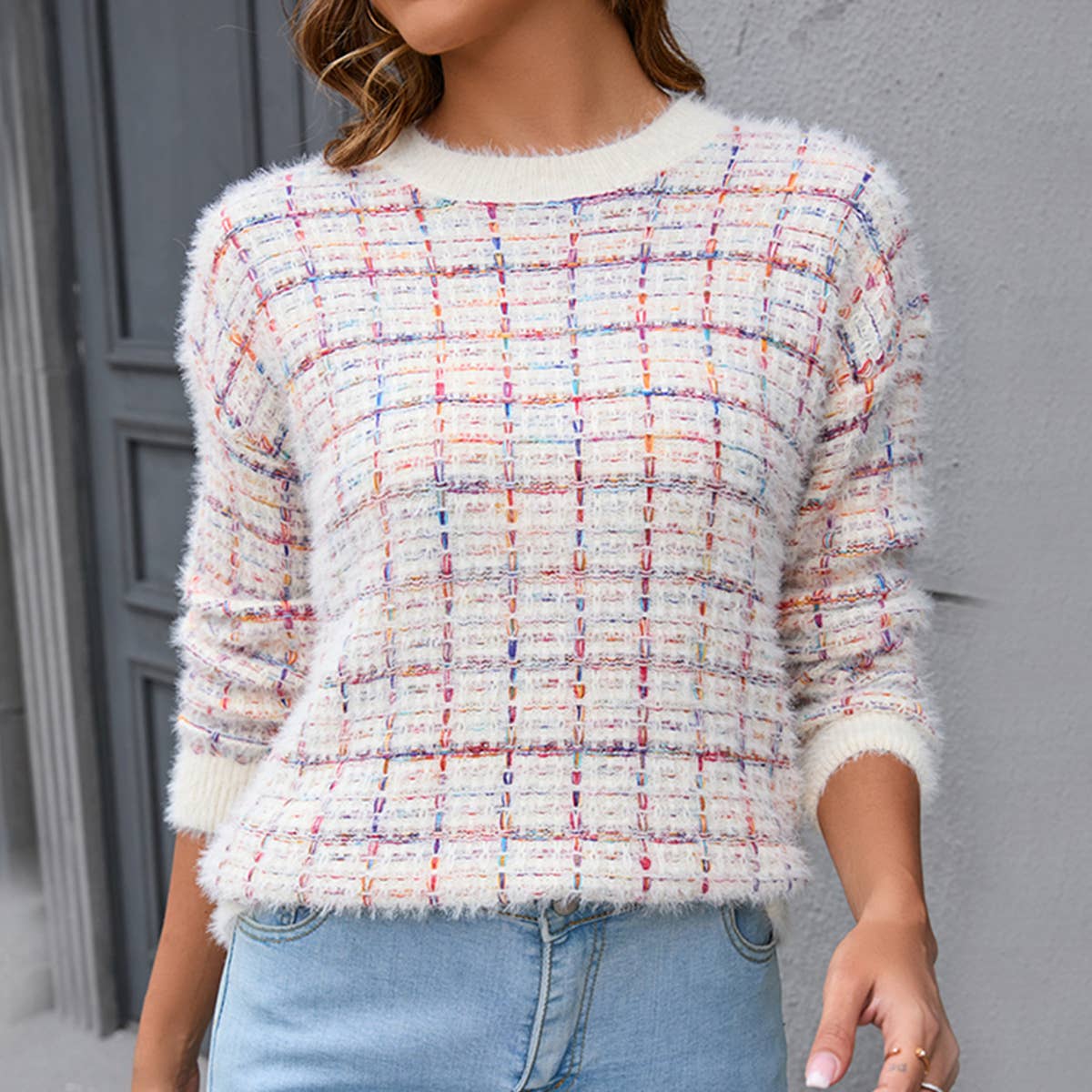 CREW-NECK KNIT FLUFFY PATCHWORK FASHION SWEATER