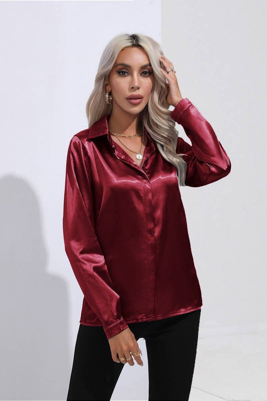 CWTBLL0692_Button Down Silky Satin Long Sleeve Top