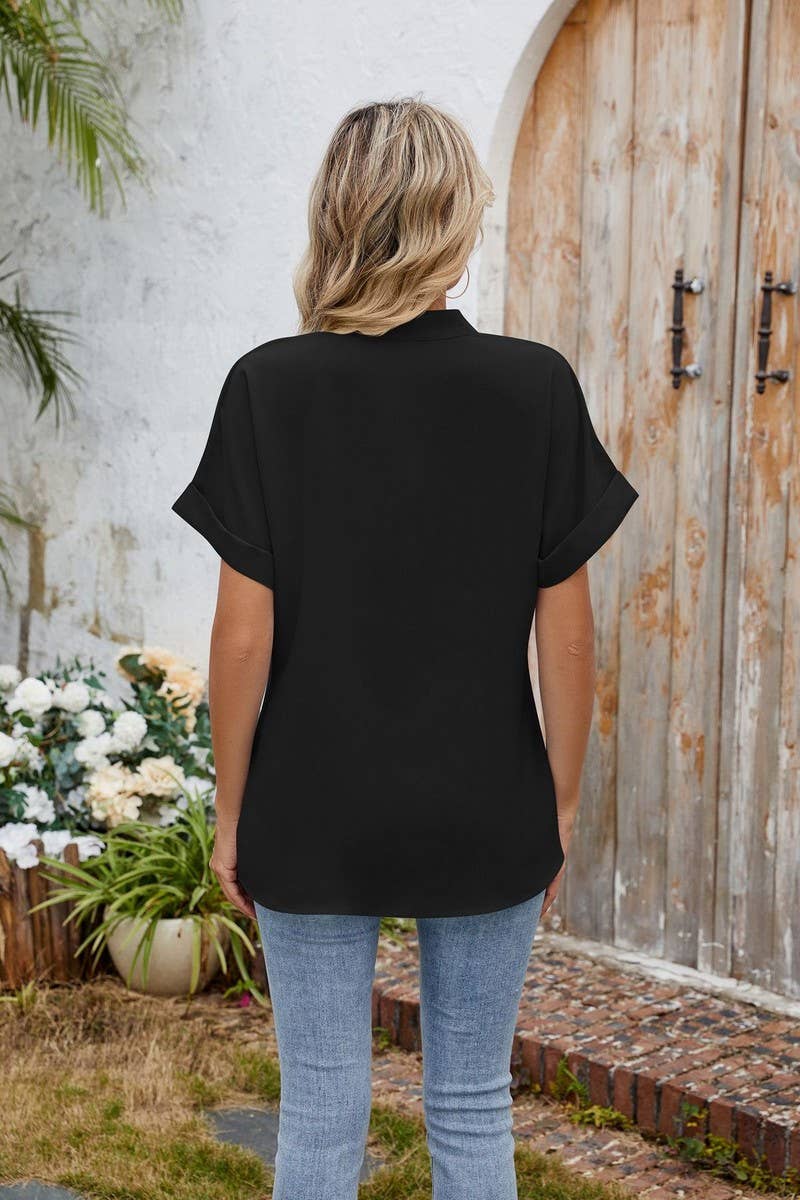 CWTSTS0585_V-NECK BUTTON-DOWN SHORT-SLEEVED CHIFFON SHIRT