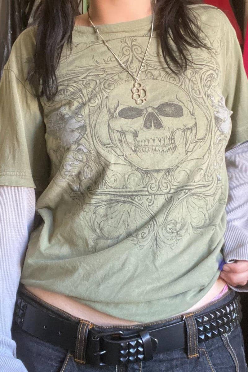 CWTBLL3165_FAKE TWO-PIECE PRINTED LOOSE CASUAL T-SHIRT