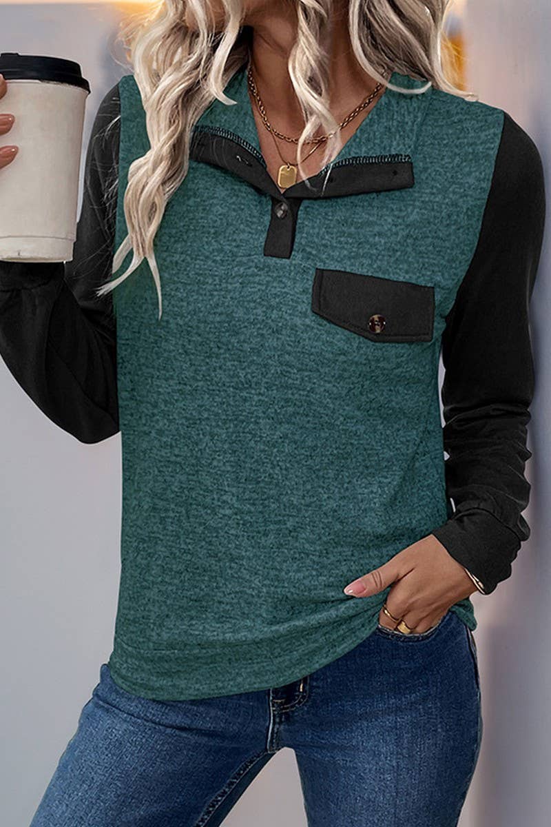 CWTBLL3707_CASUAL PULLOVER LAPEL CONTRAST COLOR SWEATSHIRT