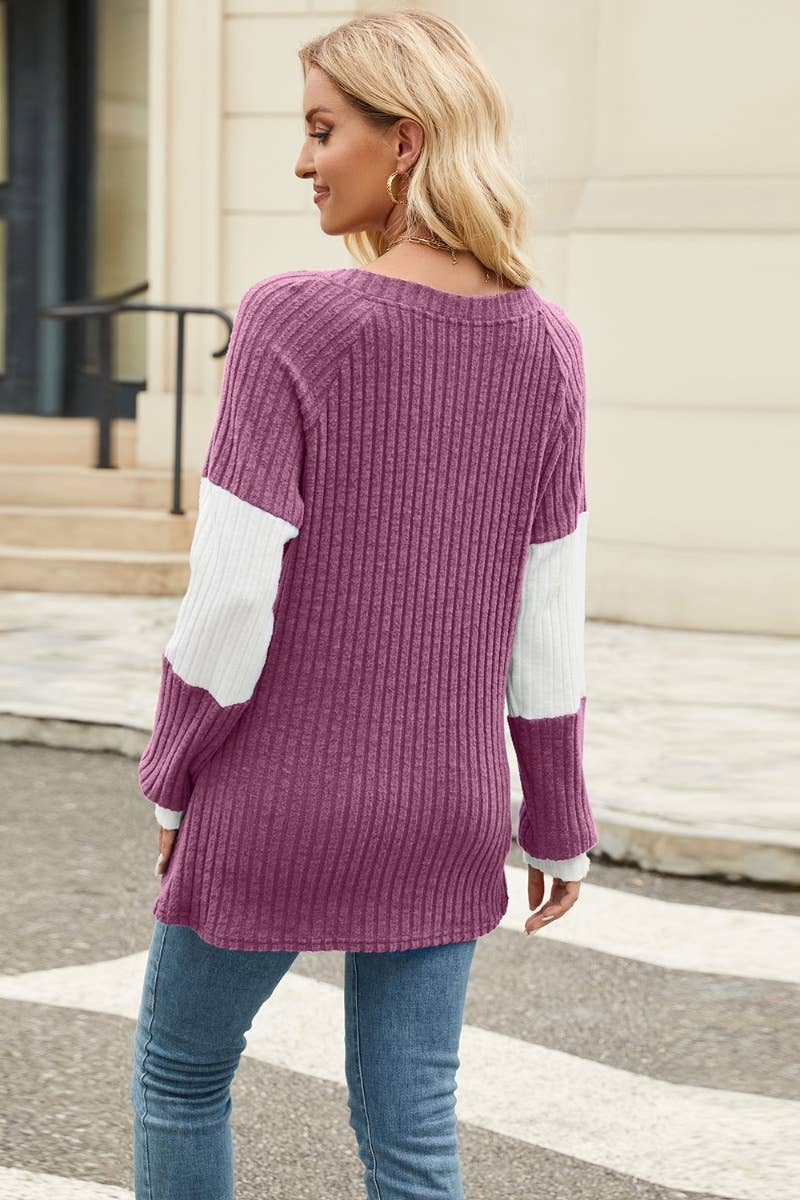 CWOSWL4448_DEEP V LONG SLEEVE COLOR BUTTON-UP SWEATER