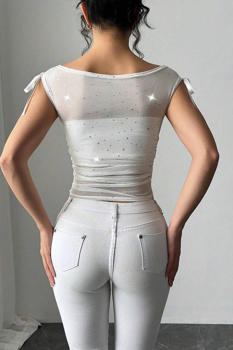 CWTBLSL0879_SEQUIN MESH OFF-SHOULDER BOW RUCHED TOP