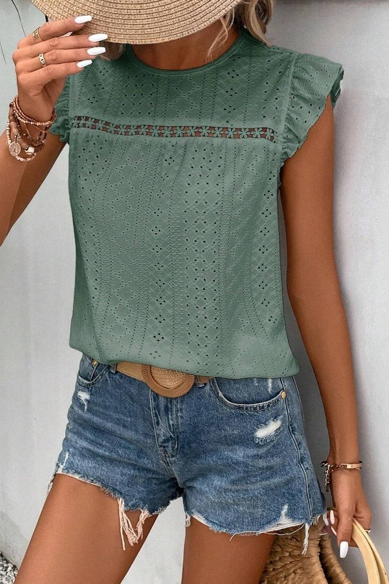 CWTBLS0605_ ROUND NECK LACE RUFFLE SHORT SLEEVE BLOUSE TOP