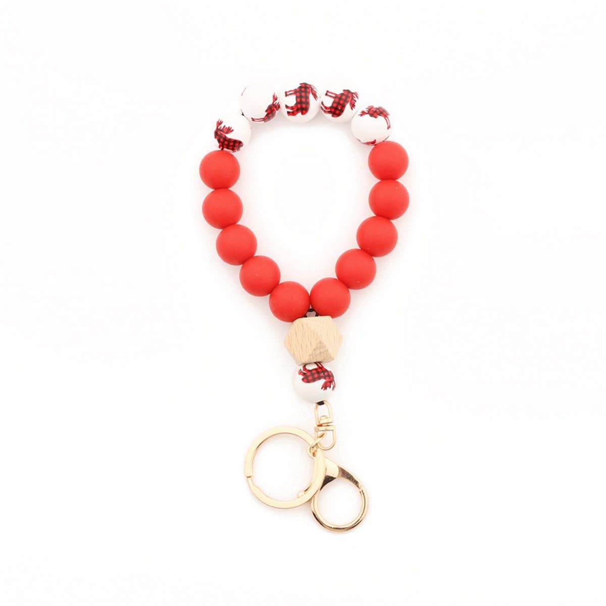 Christmas Wood Bead Bracelet with Silicone Keychain