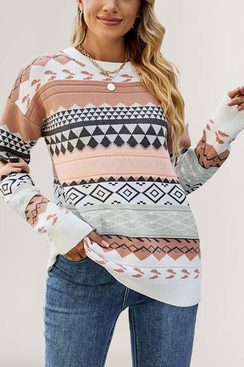 CWOSWL5878_KNITTED DIAMOND SHAPE LONG-SLEEVED SWEATER