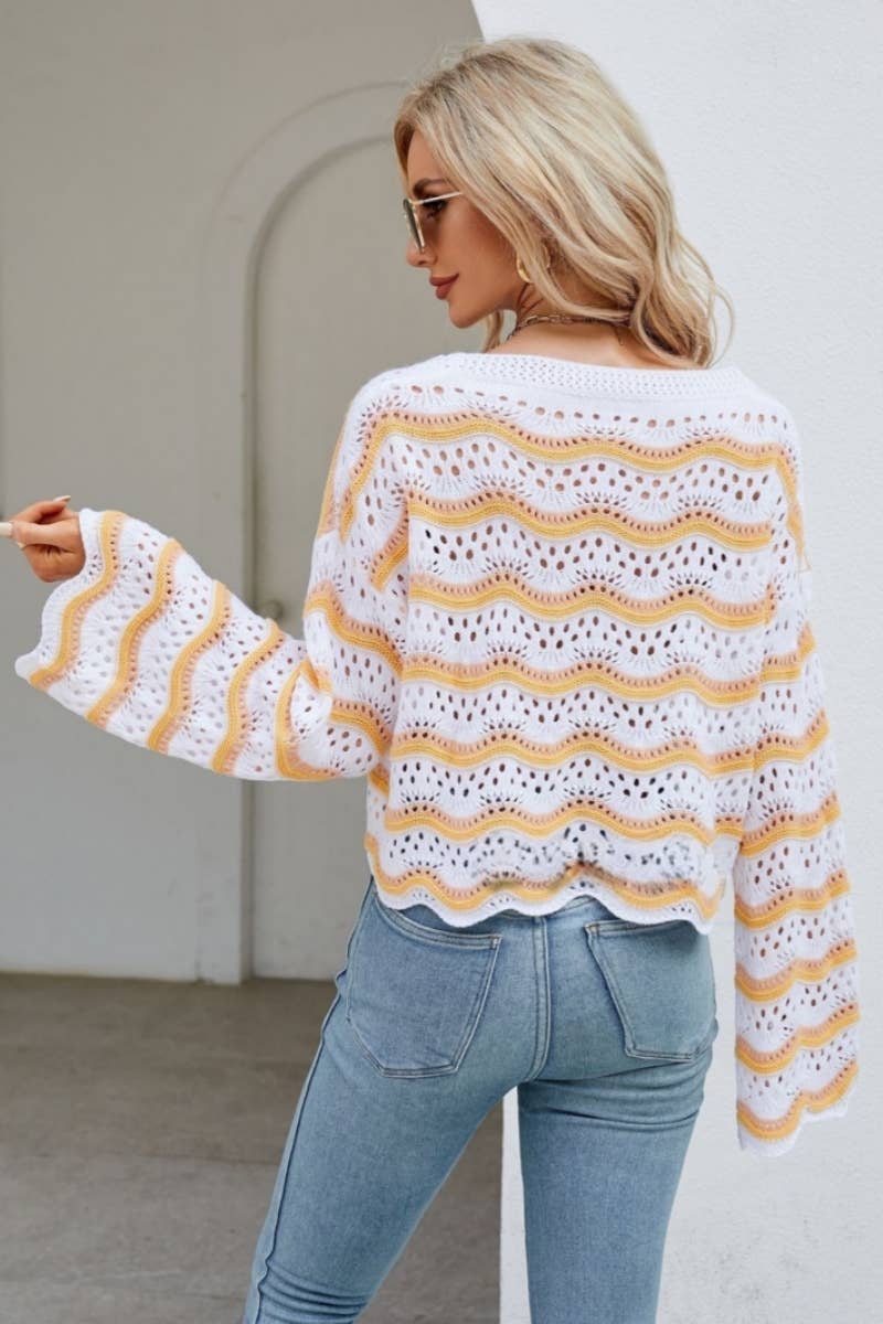 CWOSWL603 Flare Sleeved Round neck Hollowed Out Sweater