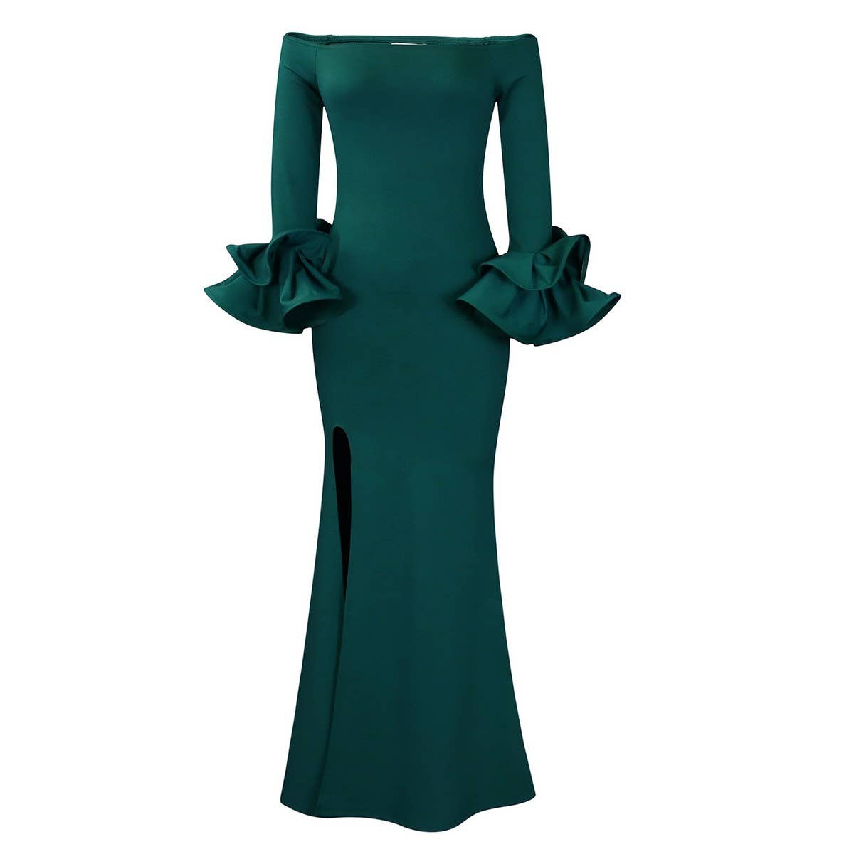 ONESHOULDER RUFFLE SLEEVE SLIMFIT DRESS WITH TRAIN_CWDMD3679
