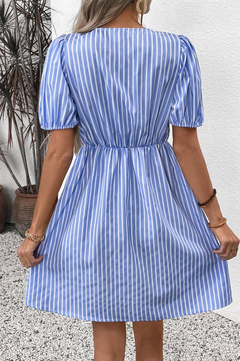 CWDSD7519_ROUND NECK BOW TIE DETAILRETRO STRIPED DRESS