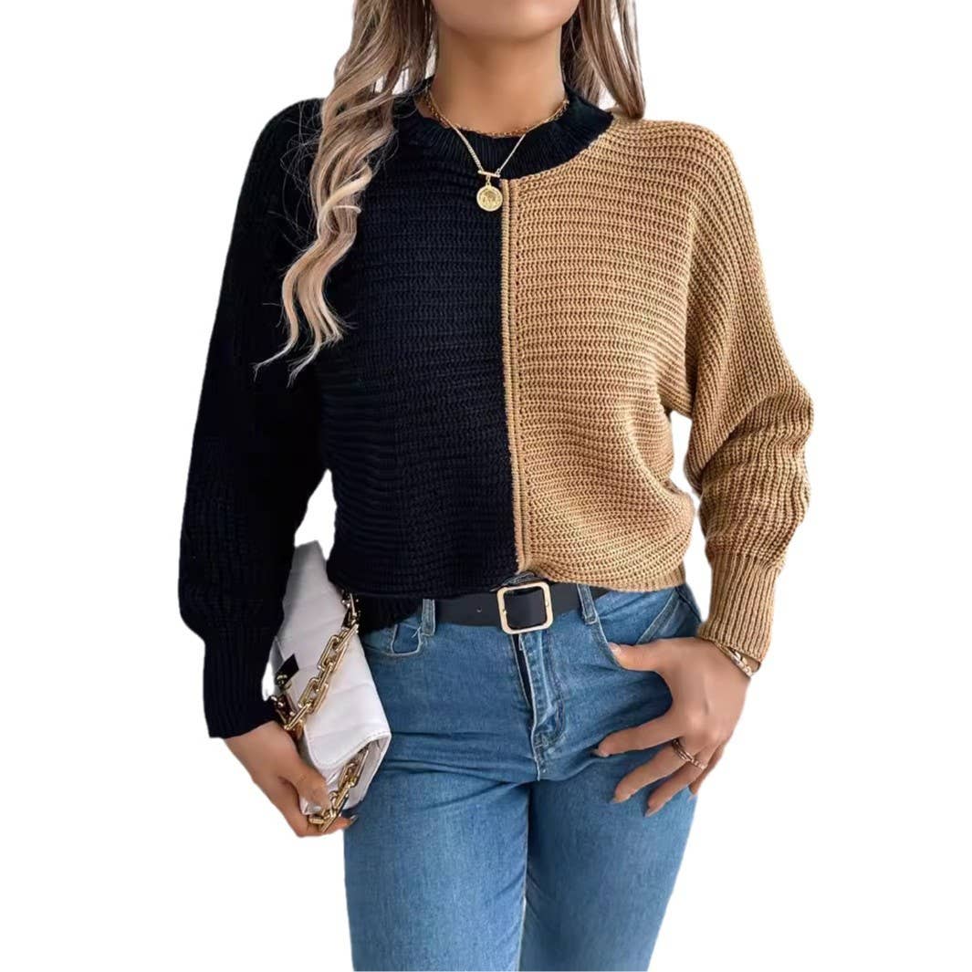 COLOR CONTRAST SHOULDER CUFF PULLOVER SWEATER