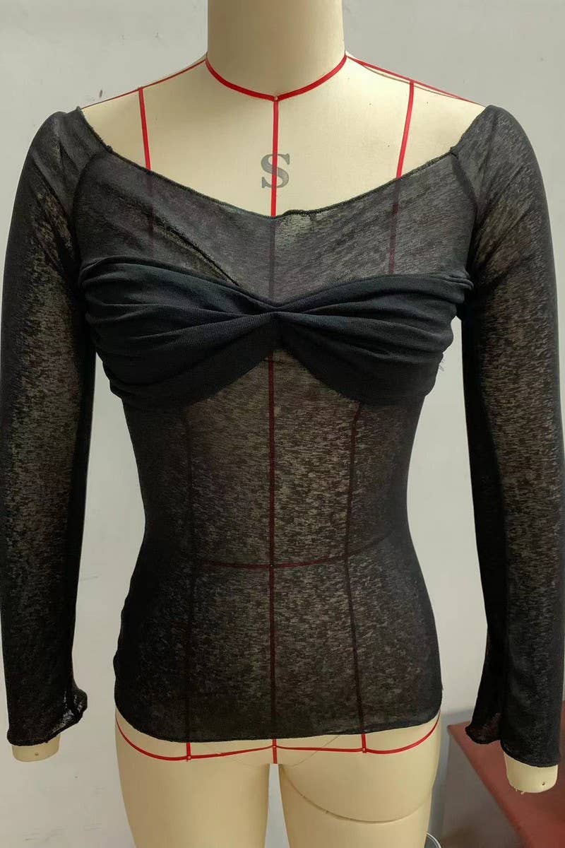 CWTBLL3142_BOWKNOT TUBE TOP LONG SLEEVE T-SHIRT TOP