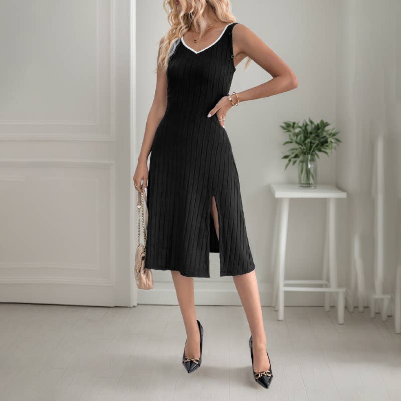 Detachable long-sleeved fitted halter slit dress
